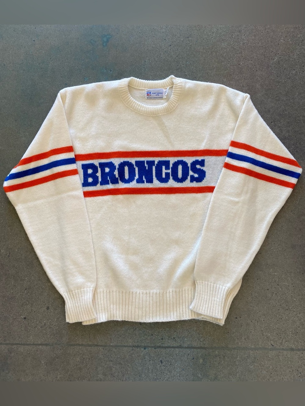 VINTAGE Denver Broncos 80s/90s NFL Cliff Engle Orange Blue Stripe Wool Sweater